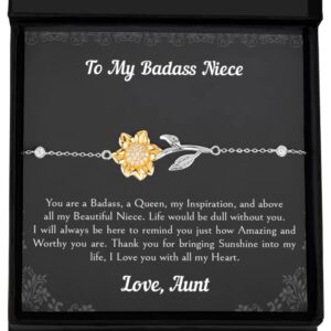 Niece Gifts From Aunt, Life To My Badass Niece Bracelet From Aunt, Sterling Silver Bracelet with 14k Gold Sunflower For Niece, Birthday Graduation, Valentines Gift For Niece