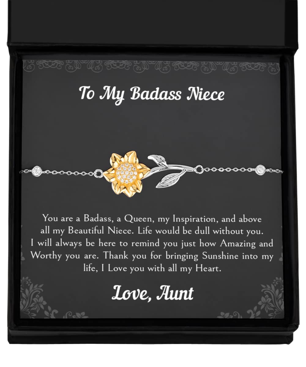 Niece Gifts From Aunt, Life To My Badass Niece Bracelet From Aunt, Sterling Silver Bracelet with 14k Gold Sunflower For Niece, Birthday Graduation, Valentines Gift For Niece