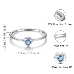 Simple Heart Birthstone Ring for Women 925 Sterling Silver Stackable Promise Ring with Colorful Cubic Zirconia Minimalist Jewelry Gift (March, 6)