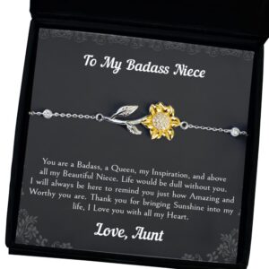 Niece Gifts From Aunt, Life To My Badass Niece Bracelet From Aunt, Sterling Silver Bracelet with 14k Gold Sunflower For Niece, Birthday Graduation, Valentines Gift For Niece