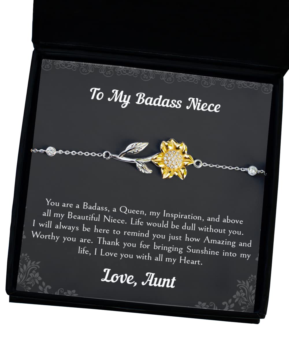 Niece Gifts From Aunt, Life To My Badass Niece Bracelet From Aunt, Sterling Silver Bracelet with 14k Gold Sunflower For Niece, Birthday Graduation, Valentines Gift For Niece