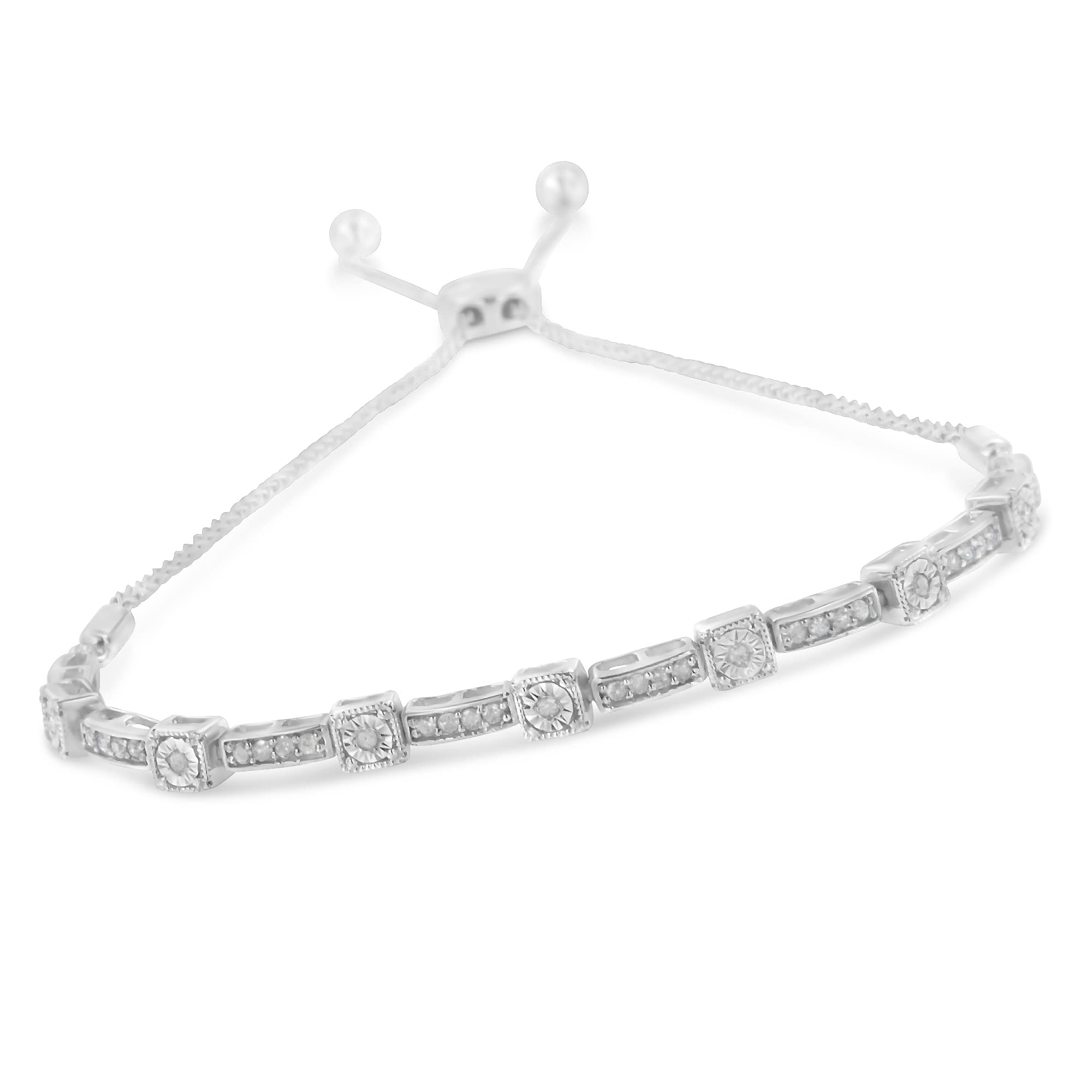 Haus of Brilliance .925 Sterling Silver 1/4 Cttw Diamond 4”-10” Adjustable Bolo Alternating Square and Rectangle Bolo Bracelet (I-J Color, I3 Clarity)