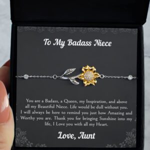 Niece Gifts From Aunt, Life To My Badass Niece Bracelet From Aunt, Sterling Silver Bracelet with 14k Gold Sunflower For Niece, Birthday Graduation, Valentines Gift For Niece