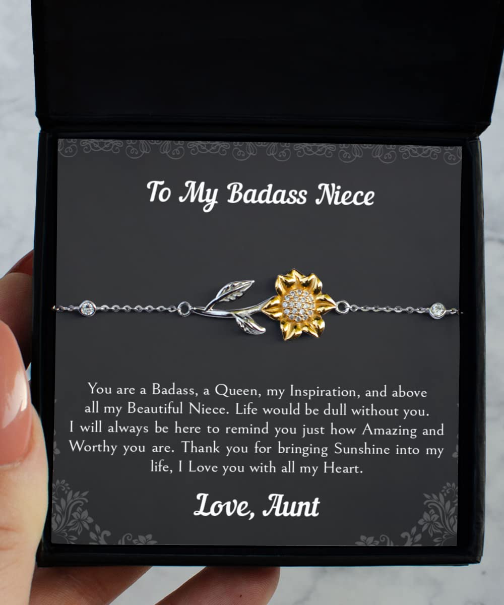 Niece Gifts From Aunt, Life To My Badass Niece Bracelet From Aunt, Sterling Silver Bracelet with 14k Gold Sunflower For Niece, Birthday Graduation, Valentines Gift For Niece