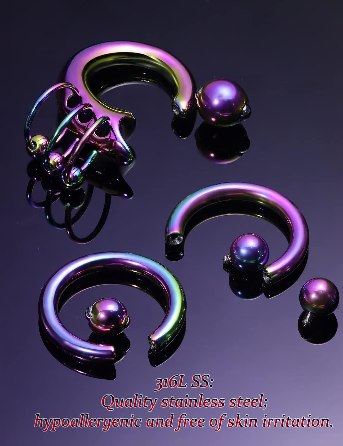 4G Earrings Internally Threaded Circular Barbells Horseshoe PA Rings Captive Bead Rings Dangle Spring Action CBR Surgical Steel Monster Screwball Rings Body Piercing Rings for Women Men Rainbow