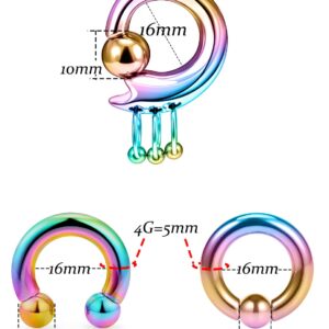 4G Earrings Internally Threaded Circular Barbells Horseshoe PA Rings Captive Bead Rings Dangle Spring Action CBR Surgical Steel Monster Screwball Rings Body Piercing Rings for Women Men Rainbow