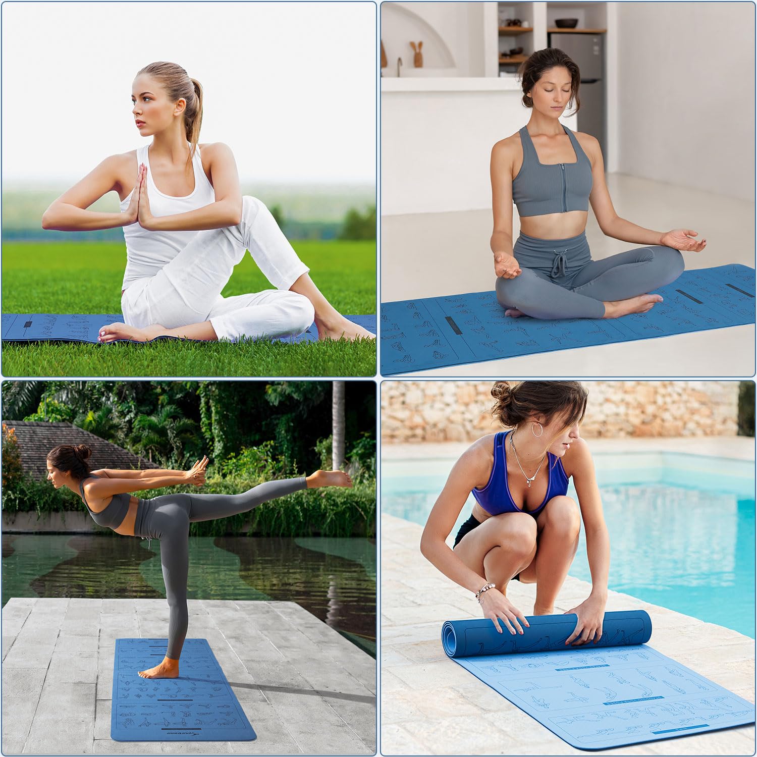 Yoga Mat with Poses, Sportneer Yoga Mats for Women & Men, Non Slip Double-Sided for Exercise Home Workout Mat - 24" Wide x 72" Long x 1/4" Thick - Exercise Mat Yoga Mat with Strap Home Gym