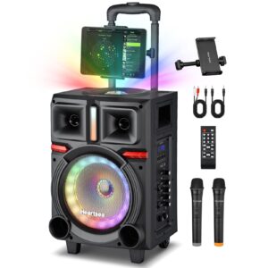 HEARTSEA Karaoke Machine with 2 Wireless Microphones for Kids, Portable Bluetooth Singing Speaker Adults with Disco Ball + Lyrics Display Holder - TF Card/USB/FM Radio for Parties Recording