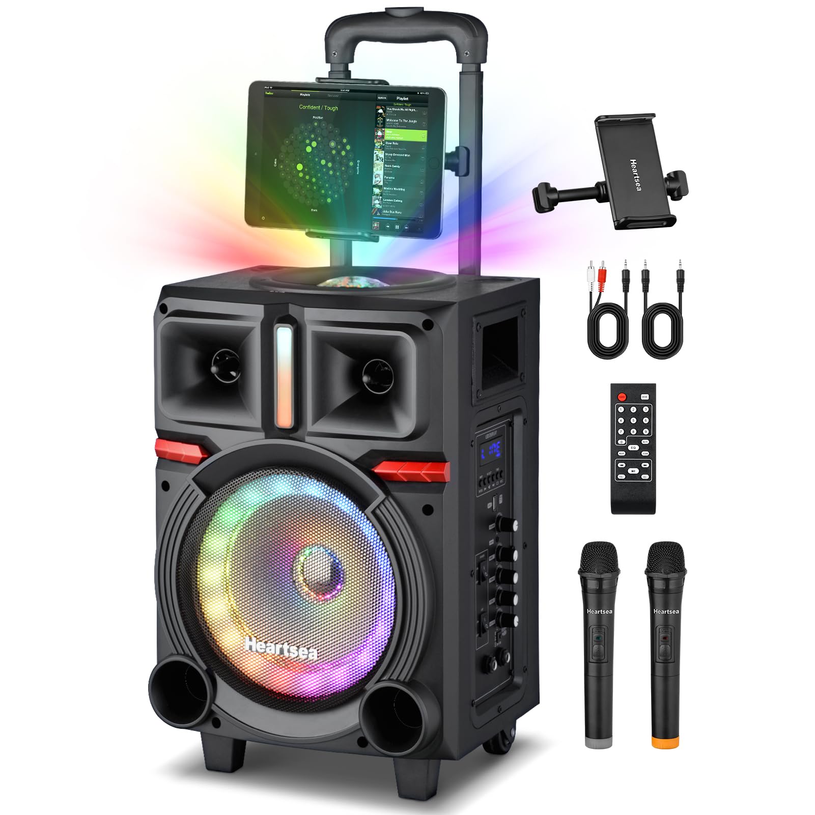 HEARTSEA Karaoke Machine with 2 Wireless Microphones for Kids, Portable Bluetooth Singing Speaker Adults with Disco Ball + Lyrics Display Holder - TF Card/USB/FM Radio for Parties Recording