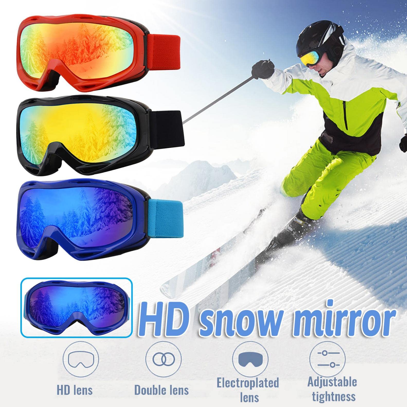 OSTF 1 Pack Ski Goggles, Snowboard Snow Goggles for Men Women Kids Adult Youth, UV Protection Anti-fog Motorcycle Goggles