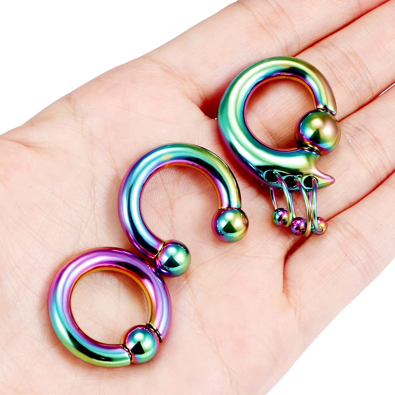 4G Earrings Internally Threaded Circular Barbells Horseshoe PA Rings Captive Bead Rings Dangle Spring Action CBR Surgical Steel Monster Screwball Rings Body Piercing Rings for Women Men Rainbow