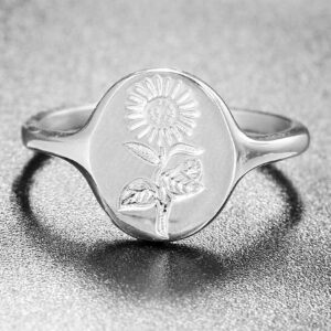 Jude Jewelers Stainless Steel Dainty Sun Flower Pattern Signet Style Wedding Promise Statement Anniversary Valentines Ring (Silver, 7)