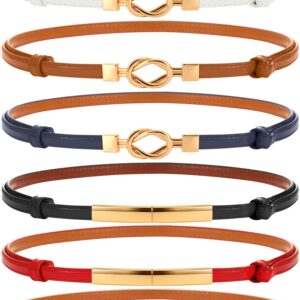 Chuarry 6 Packs Women Skinny Leather Belt Slim Adjustable Waistband Thin Women's Dress Belt Vintage Waist Belts for Ladies Girls, 0.4 Inches Wide