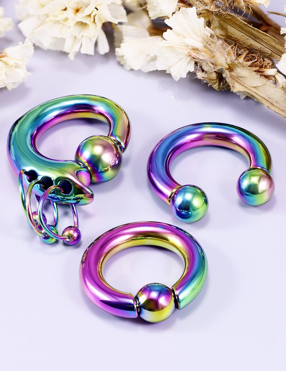 4G Earrings Internally Threaded Circular Barbells Horseshoe PA Rings Captive Bead Rings Dangle Spring Action CBR Surgical Steel Monster Screwball Rings Body Piercing Rings for Women Men Rainbow