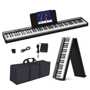 konix folding piano keyboard 88 key, full size semi-weighted foldable piano keyboard, bluetooth portable electronic keyboard piano with sheet music stand, sustain pedal and piano bag, black