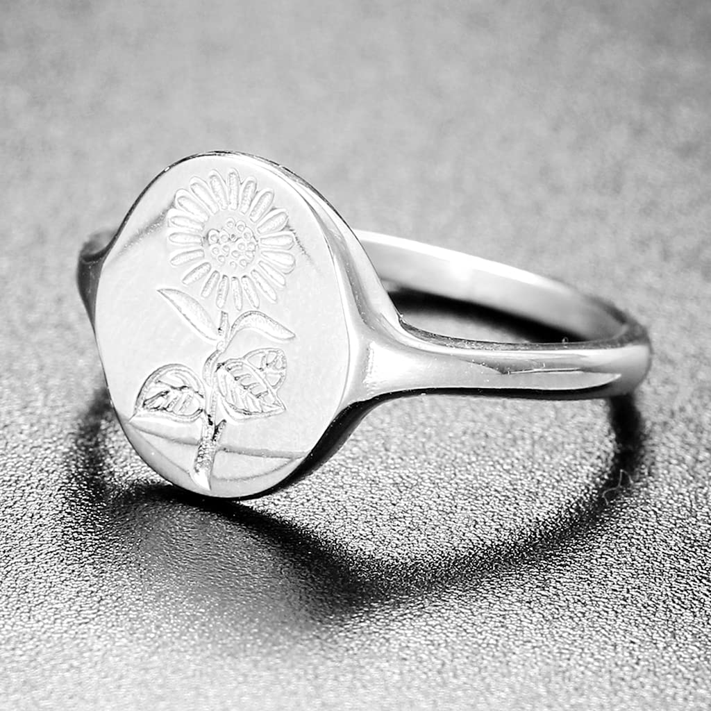 Jude Jewelers Stainless Steel Dainty Sun Flower Pattern Signet Style Wedding Promise Statement Anniversary Valentines Ring (Silver, 7)