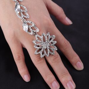 YERTTER Dainty Spark Shining Rhinestone Crystal Hand Chain Bracelet with Finger Ring Flower Slave Link Bracelet Wedding Bridals Hand Jewelry (Style 13)