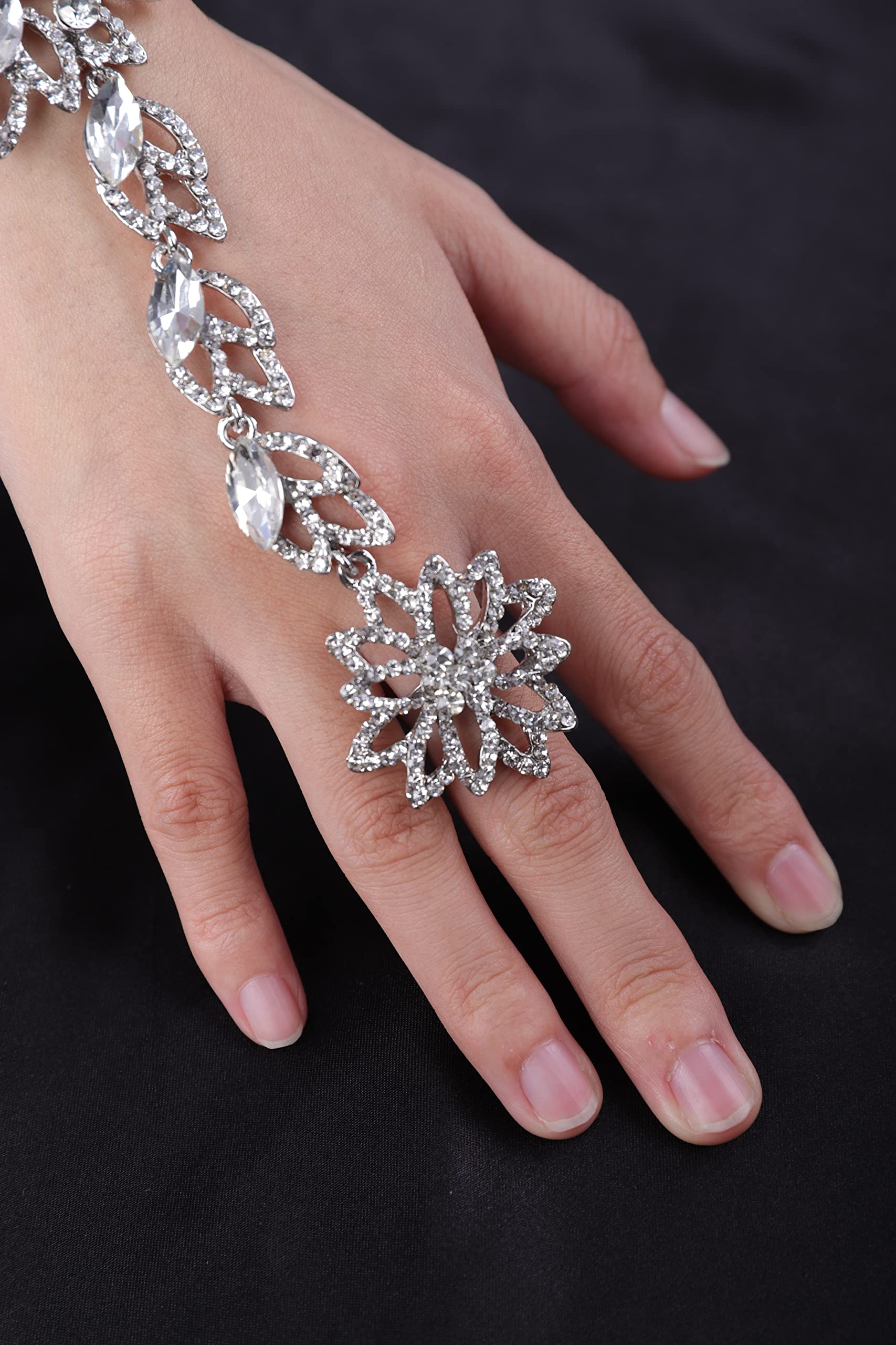 YERTTER Dainty Spark Shining Rhinestone Crystal Hand Chain Bracelet with Finger Ring Flower Slave Link Bracelet Wedding Bridals Hand Jewelry (Style 13)