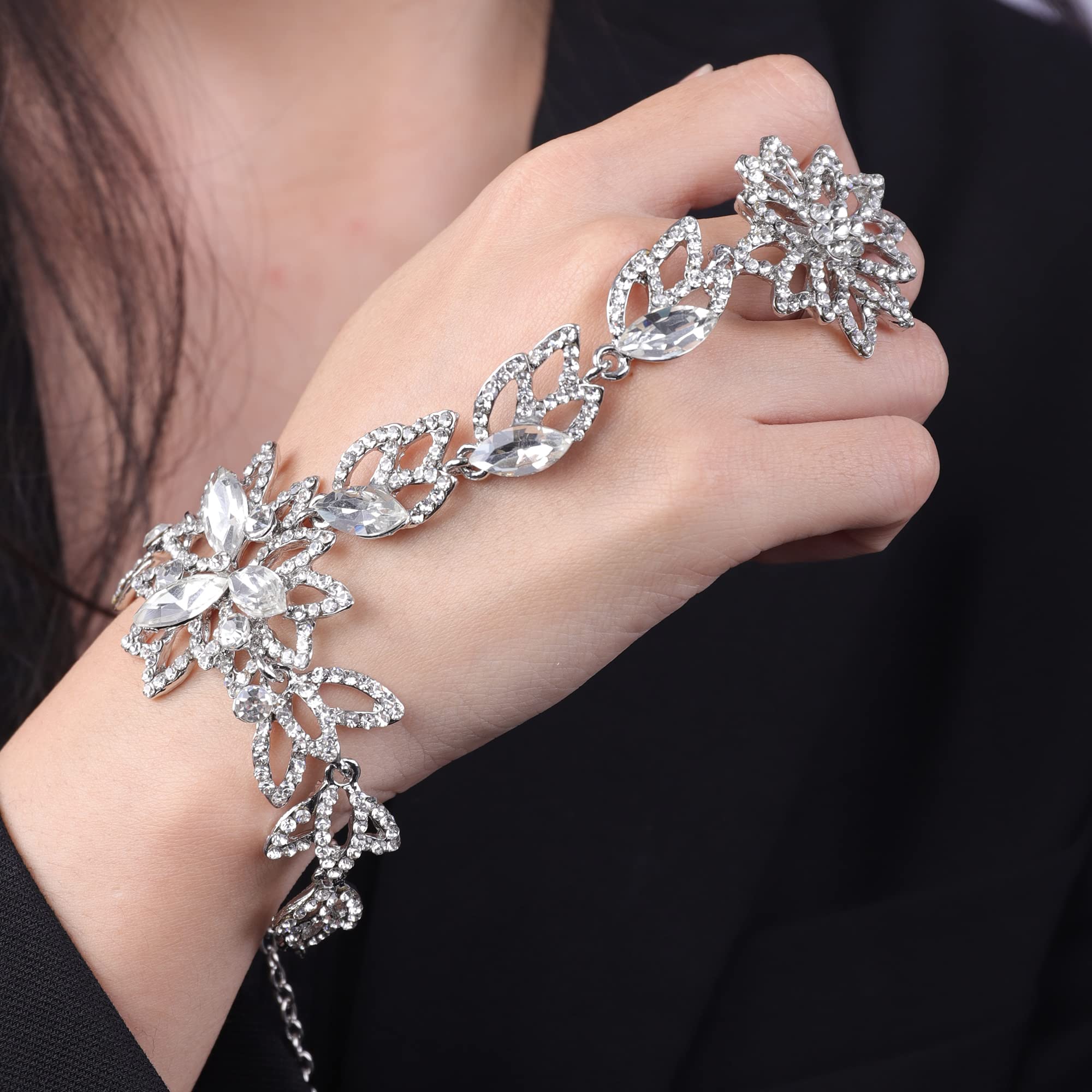 YERTTER Dainty Spark Shining Rhinestone Crystal Hand Chain Bracelet with Finger Ring Flower Slave Link Bracelet Wedding Bridals Hand Jewelry (Style 13)