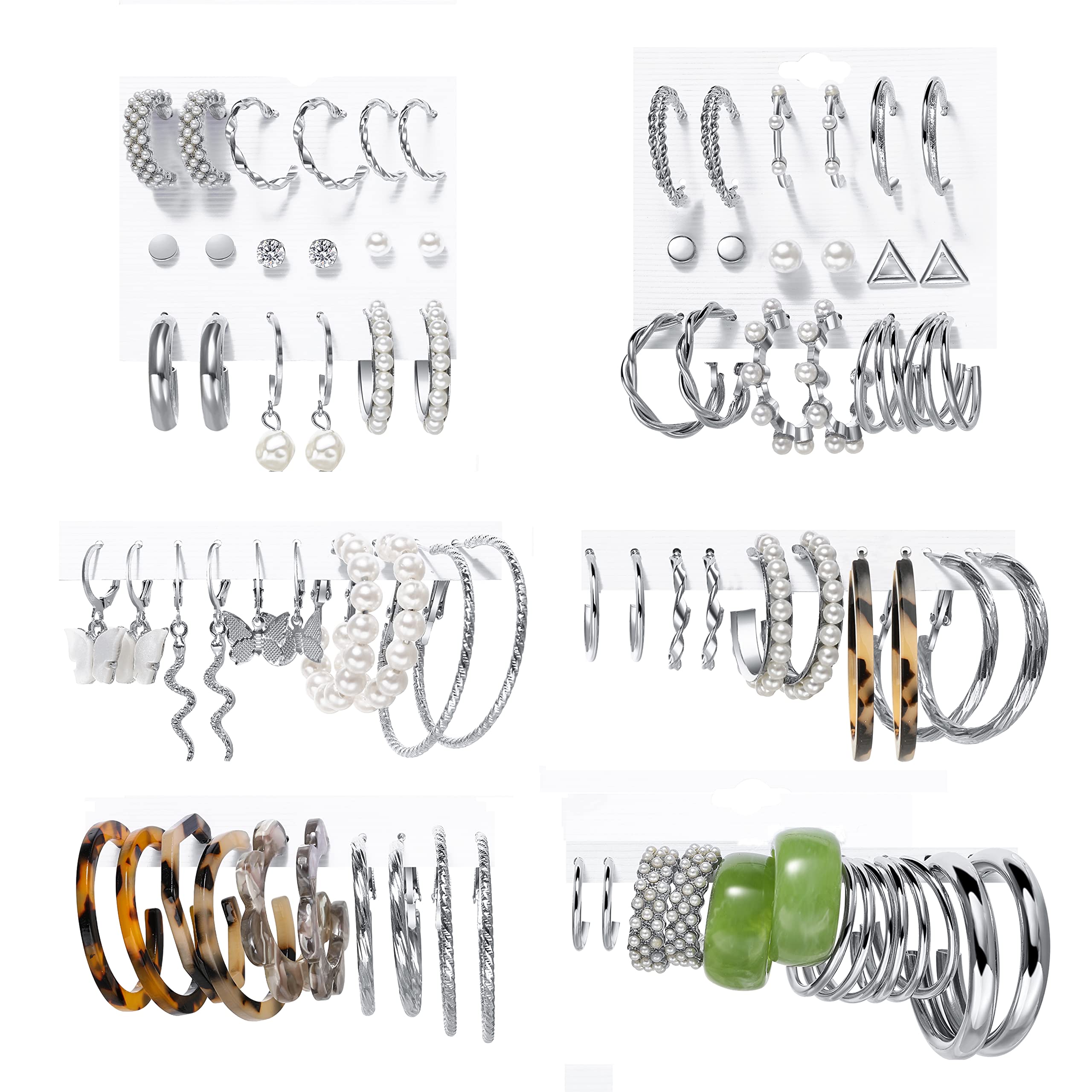 38 Pairs Silver Hoop Earring Sets for Women, Boho Dangling Earrings Pack, Acrylic Assorted Jewelry for Gift