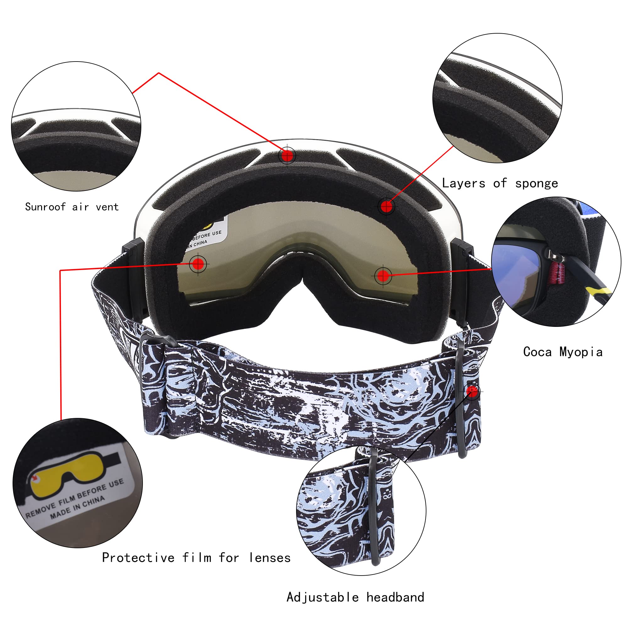 SooGree Ski Goggles - Over Glasses Ski/Snowboard Goggles for Men, Women & Youth Snow Goggles Glasses UV Protection Anti-Fog