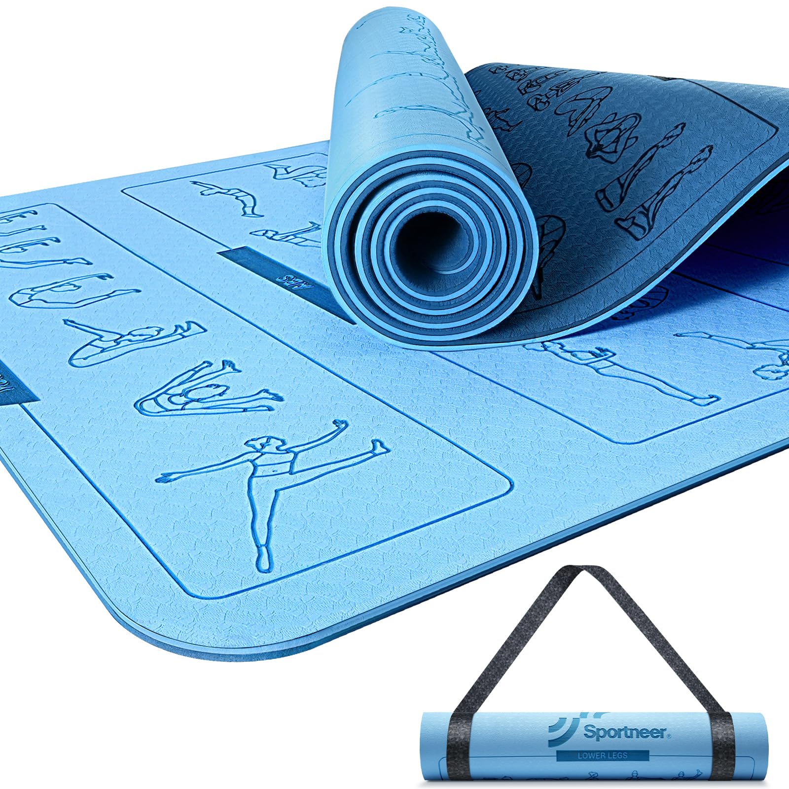 Yoga Mat with Poses, Sportneer Yoga Mats for Women & Men, Non Slip Double-Sided for Exercise Home Workout Mat - 24" Wide x 72" Long x 1/4" Thick - Exercise Mat Yoga Mat with Strap Home Gym