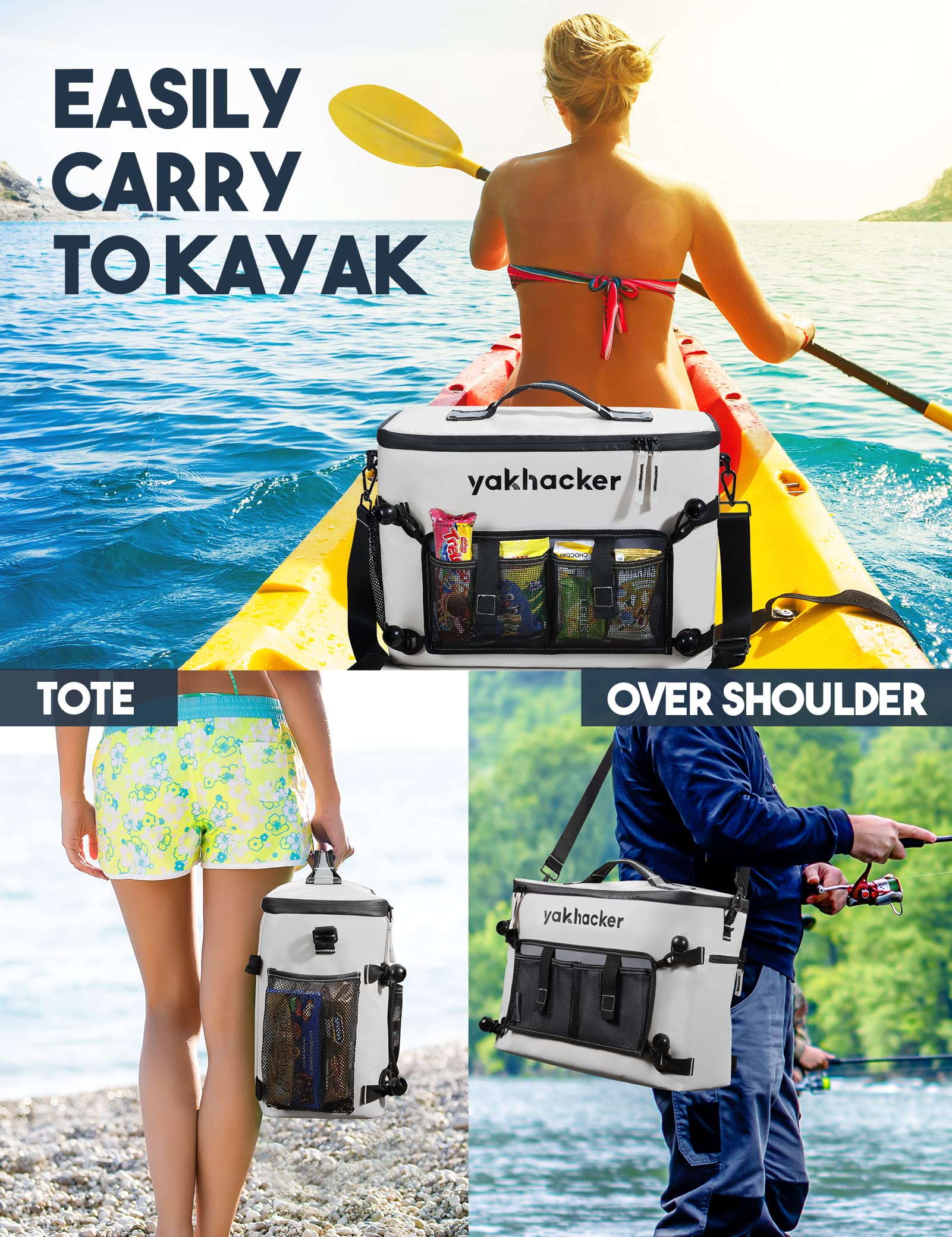 Yakhacker Kayak Cooler, Waterproof Seat Back Cooler with Lawn-Chair Style Seats, Kayak Accessories Bag, Portable Ice Chest Cooler for Kayaking, Travel, Lunch, Beaches &Trips (Silver)