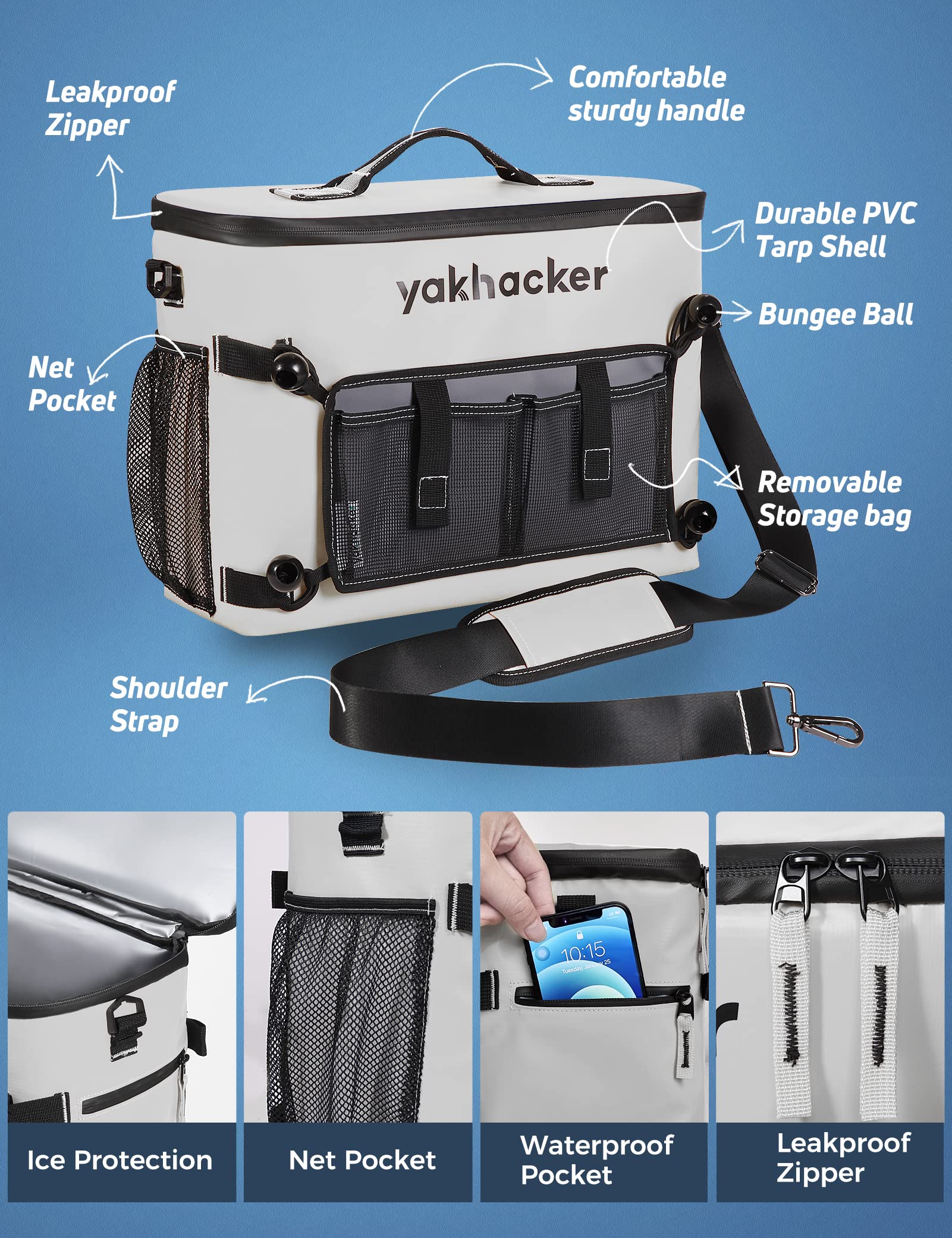 Yakhacker Kayak Cooler, Waterproof Seat Back Cooler with Lawn-Chair Style Seats, Kayak Accessories Bag, Portable Ice Chest Cooler for Kayaking, Travel, Lunch, Beaches &Trips (Silver)