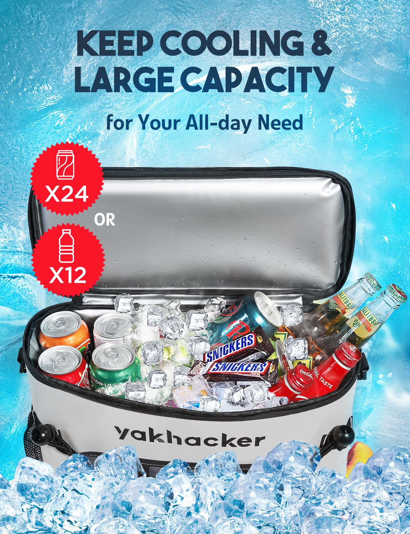 Yakhacker Kayak Cooler, Waterproof Seat Back Cooler with Lawn-Chair Style Seats, Kayak Accessories Bag, Portable Ice Chest Cooler for Kayaking, Travel, Lunch, Beaches &Trips (Silver)