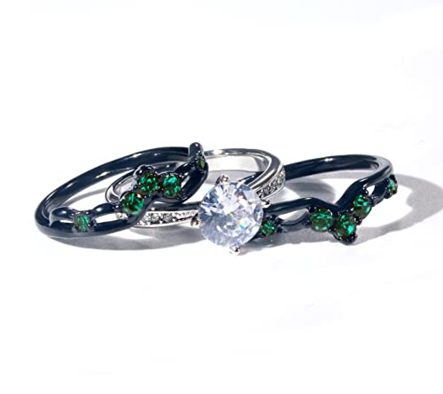 ringheart Couple Rings Black Matching Ring 1.5ct Green CZ Women Wedding Ring Sets for Him and Her His Her Wedding Ring