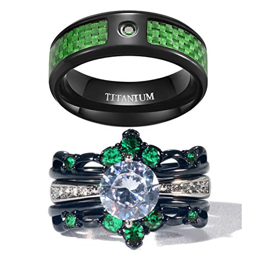 ringheart Couple Rings Black Matching Ring 1.5ct Green CZ Women Wedding Ring Sets for Him and Her His Her Wedding Ring