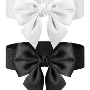 Brighoo 2 Pieces Wide Elastic Belt Women's Bowknot Belt Ladies Stretchy Bow Belt for Valentine's Day Women Dresses (Black, White)