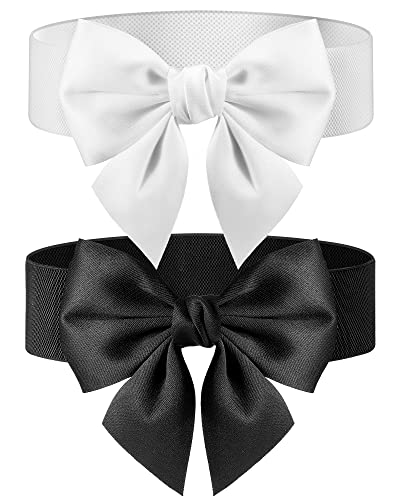 Brighoo 2 Pieces Wide Elastic Belt Women's Bowknot Belt Ladies Stretchy Bow Belt for Valentine's Day Women Dresses (Black, White)