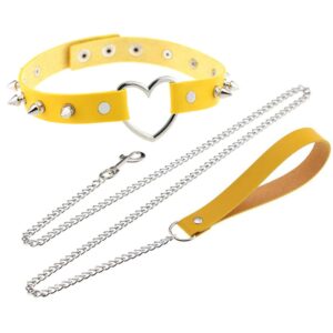 JNKET Rivets Choker Punk Hauling Chain PU Leather Collar Peach Heart Gothic Necklace NightClub Goth Leash Belts (Yellow)