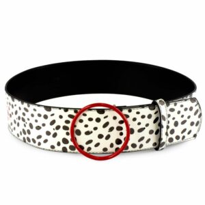 buckle-down men's disney de vil red cast spots white black vegan leather belt, 101 dalmatians cruella, small (30.5-39 inches)