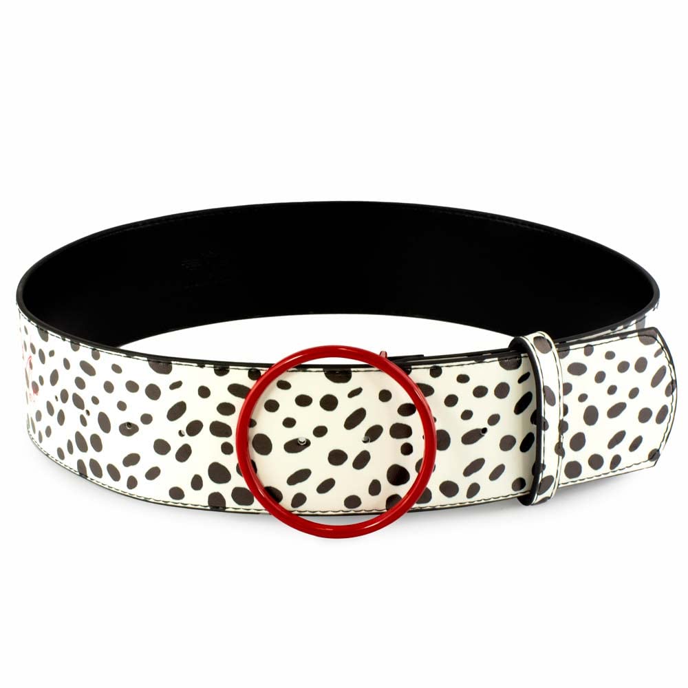 Buckle-Down Men's Disney De Vil Red Cast Spots White Black Vegan Leather Belt, 101 Dalmatians Cruella, Small (30.5-39 INCHES)