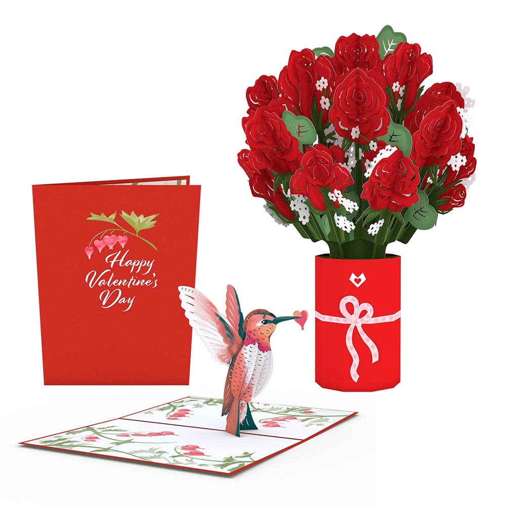 Lovepop Red Rose Valentine’s Day Hummingbird Bundle, 5" x 7" - Pop Up Card & 1 Paper Flower Bouquet 10 X 7.5 Inches- 3D Greeting Card, Valentine's Day Card, Anniversary Card