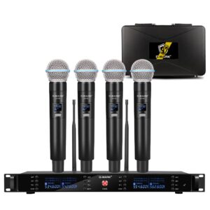 g-mark uhf wireless microphone system g44s karaoke 4 channels cordless microphone system, frequency adjustable 100m/328ft for stage church, metal body with case