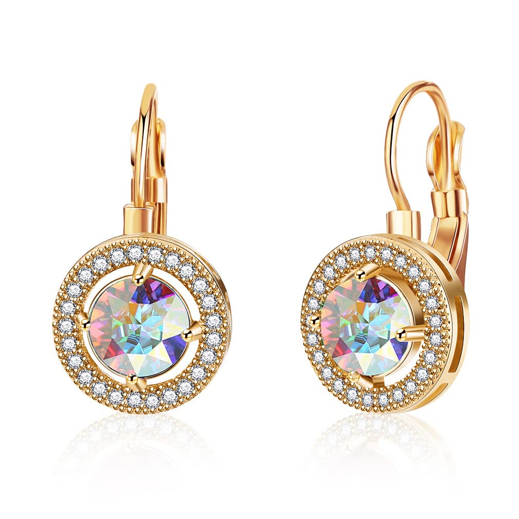 Austrian Crystal Halo Round Drop Leverback Earrings for Women 14K Rose Gold Plated Hypoallergenic Jewelry (Aurora Borealis)