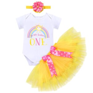 You Are My Sunshine Baby Girl 1st First Birthday Cake Smash Outfit Rainbow One Year Old Party Clothes Cotton Short Sleeve Romper Yellow Princess Tutu Tulle Skirt Flower Headband 3pcs Set Yellow