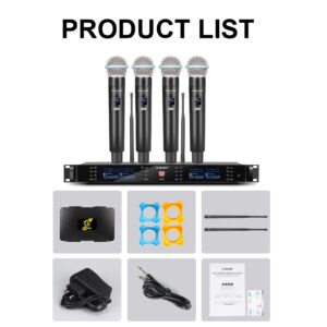 G-MARK UHF Wireless Microphone System G44S Karaoke 4 Channels Cordless Microphone System, Frequency Adjustable 100M/328FT for Stage Church, Metal Body with Case