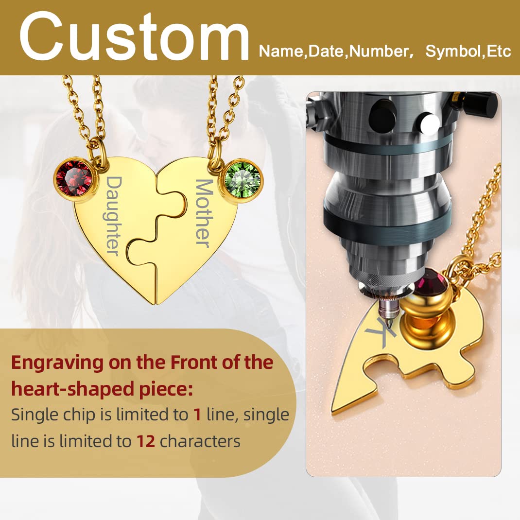 GOLDCHIC JEWELRY Gold Split Necklaces For Couples, Personalised Engraved Birthstones Matching Heart Pendant For 2