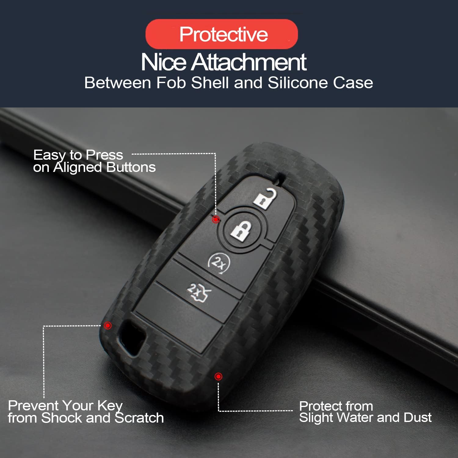 INFIPAR 2pcs Compatible with Ford Mustang Edge Expedition Explorer F-150 Lightning Ranger Bronco Escape Maverick Transit Connect Fusion Carbon Fiber Looks Key Fob Cover Case Key Chain Protector Holder