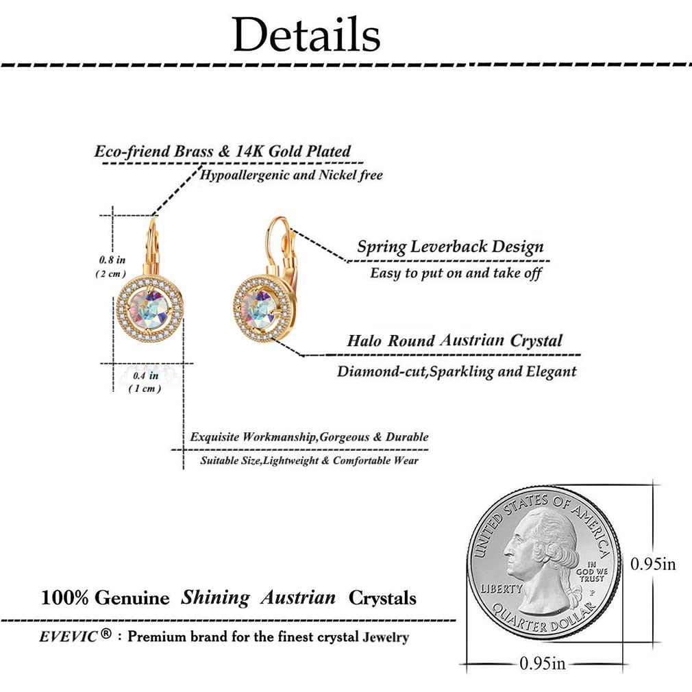 Austrian Crystal Halo Round Drop Leverback Earrings for Women 14K Rose Gold Plated Hypoallergenic Jewelry (Aurora Borealis)