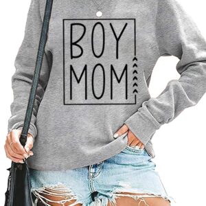 MYCHTE Boy Mom Sweatshirt for Women Casual Fall Winter Long Sleeve Pullover Tops Funny Letter Print Boy Mama T Shirt (XL, Gray)