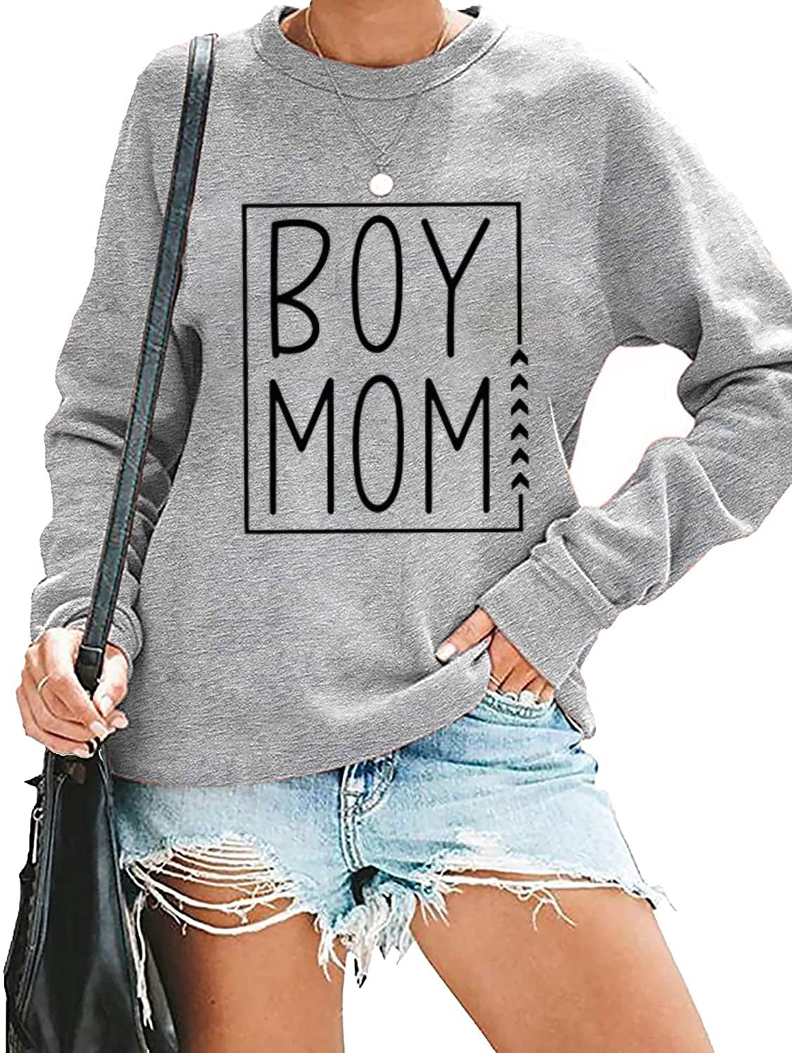 MYCHTE Boy Mom Sweatshirt for Women Casual Fall Winter Long Sleeve Pullover Tops Funny Letter Print Boy Mama T Shirt (XL, Gray)