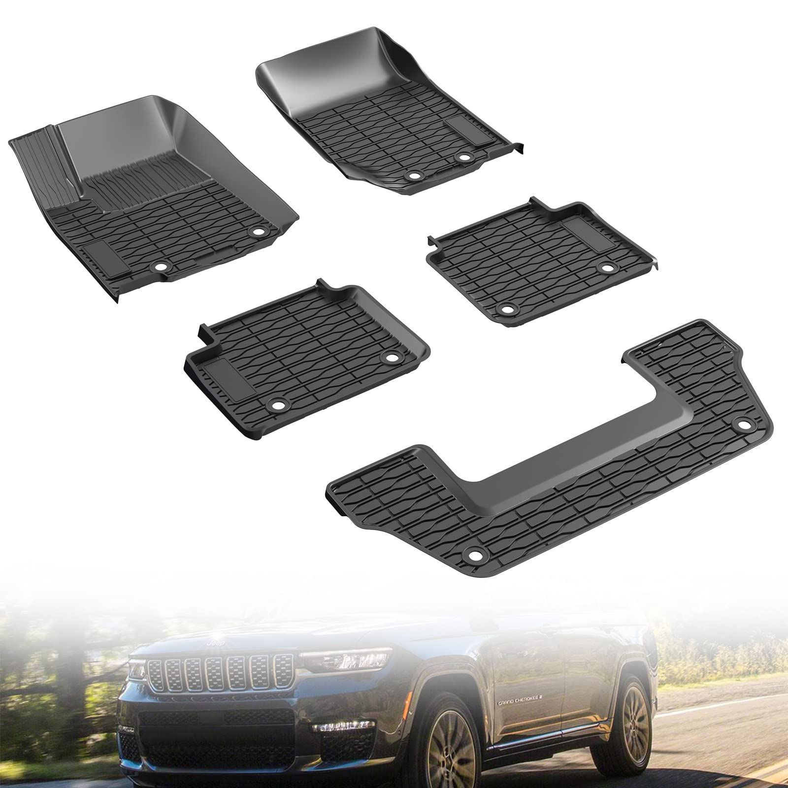 A & UTV PRO Floor Mats Fit for 2021 2022 2023 2024 Jeep Grand Cherokee L/WL, All Weather Floor Liners Full Kit for Three Row Models, Replace OEM 82216639AA,82216640AA,82216152AC, 3 Row