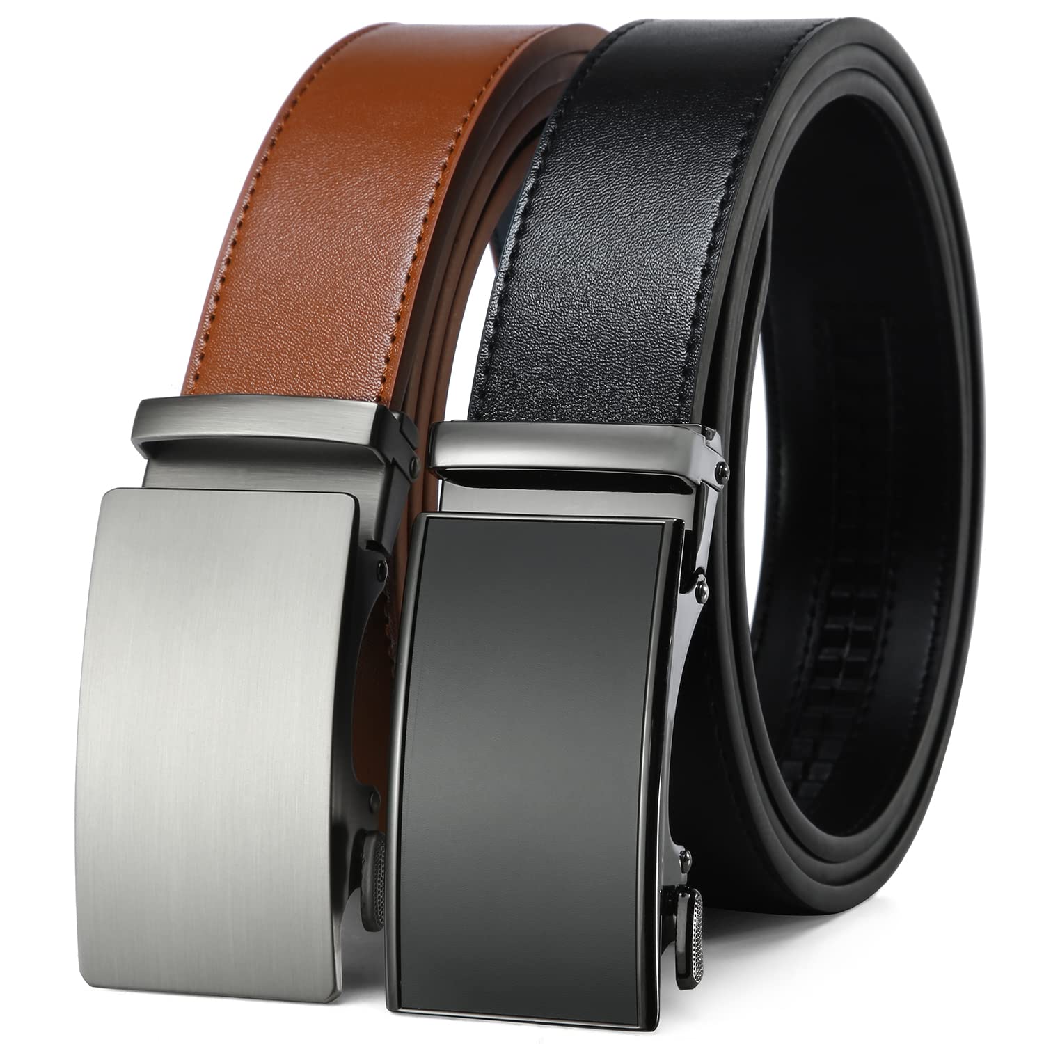 2 Pack Ratchet Belt 1 3/8", Leather Dress Belt with Click Sliding Buckle in Gift Set Box, Mens Adjustable Belt Trim to Fit (Black/Brown leather belt, 28"-42" Waist Adjustable)