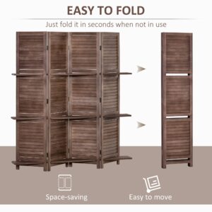 HOMCOM 4-Panel Folding Room Divider, 5.6 Ft Freestanding Paulownia Wood Privacy Screen Panel with Storage Shelves for Bedroom or Office, Walnut