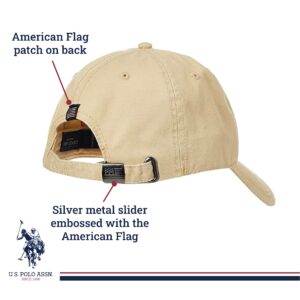 U.S. Polo Assn. Dad Hat, Embroidered Horse Logo Adjustable Adult Baseball Cap with Diagonal Accent Stripes, Khaki, One Size